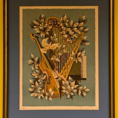 MCM Signed Simon Chaye Lithograph “Country Concerto” 1968 #174/275, Framed 24x30"