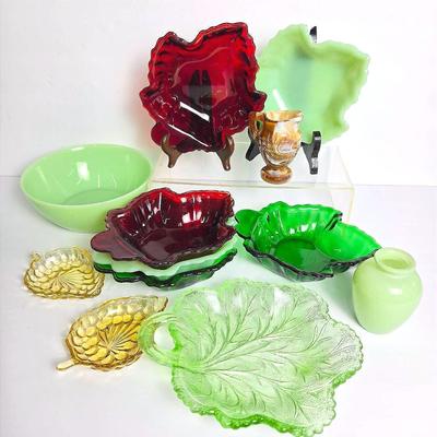 Vintage Uranium Glass Leaf Dish, Plus Jadeite & More