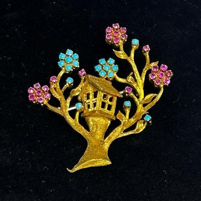18k Gold Treehouse Brooch with Ruby & Blue Stone Accents - 1.75” L