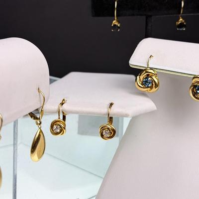14K Gold Earrings Including Diamomd & Sapphire - 4 Pairs