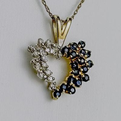 10K Gold Sapphire & Diamond Cluster Heart Pendant On 19" Fine Chain Link Necklace