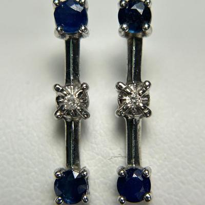 10K White Gold Sapphire & Diamond Earrings - .75" Long