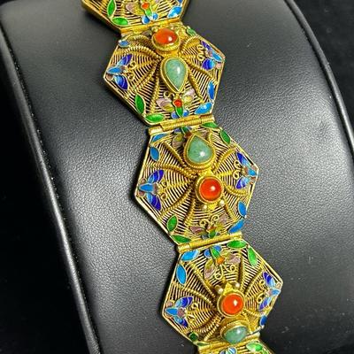 Sterling, Jadeite & Carnelian Vintage Bracelet - 7” L