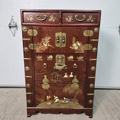 Asian Wood Storage Chest With Painted & Brass Accents 