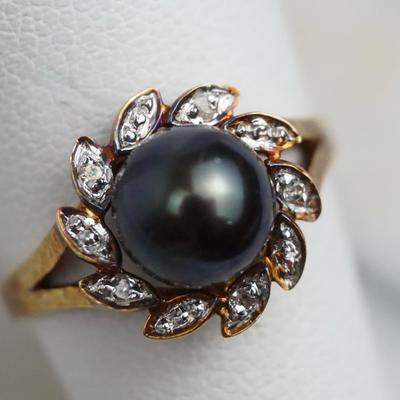 14K Gold 7.2mm Taihitian Pearl & Diamond Halo Ring  - Size 6.25