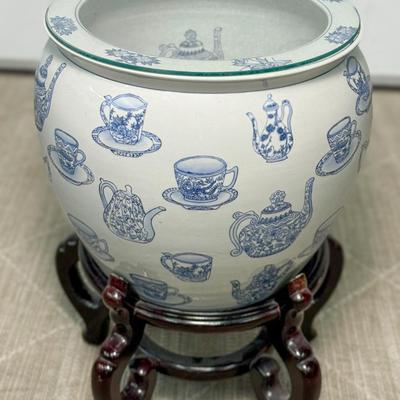 Fish Bowl Planter With Blue & White Tea Motif On Stand With Glass Topper