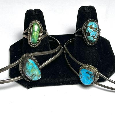 Sterling Silver & Turquoise Rings (2) & Cuff Bracelets (2) - Ring Size 6 & 7