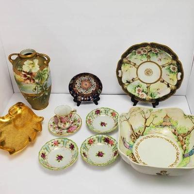 Handpainted Limoges Bowl 10”, Nippon Ware, Wheeling Leaf Dish, More