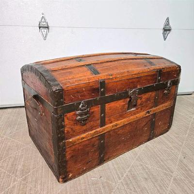 Vintage Victorian Pine Dome-Top Trunk Chest with Wrought Metal – 30" x 18" x 20"
