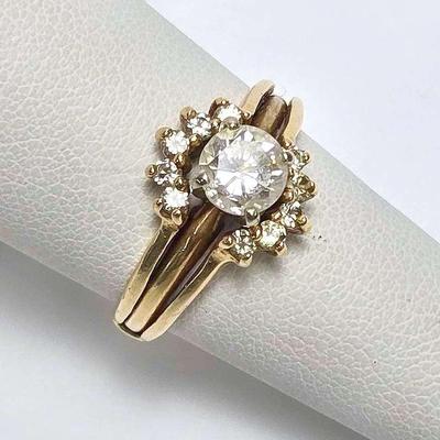 14K Gold Diamond Solitaire Engagement Ring With Diamond Halo Wedding Band, Fused  - Size 6.5