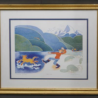 Rie Muñoz Signed & Numbered Print “Tossing Sticks” - Framed 16.5x19.5”