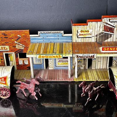 Vintage Marx Western Town Playset Tin Litho Town & Covered Wagons 