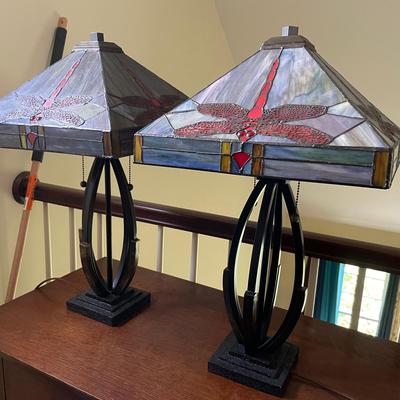 Pair Of Dragon Fly Stained Glass Lamps
