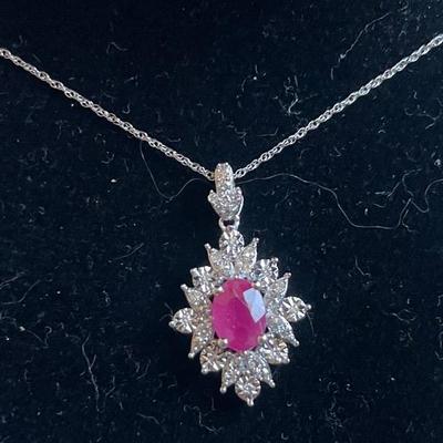New 14k White Gold Necklace With Ruby Pendant