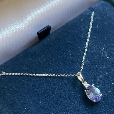 14k White Gold Necklace With Blue Stone Pendant