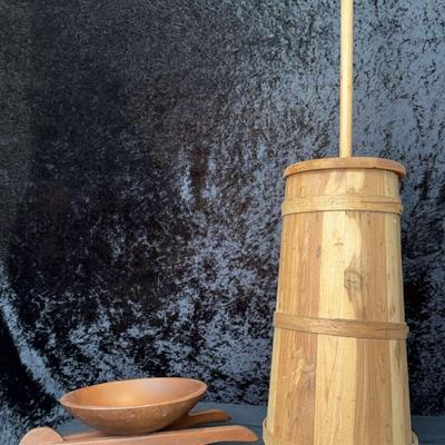 Vintage Handmade Walnut Wheelbarrow And Butter Churn Decor
