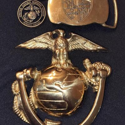 Solid Brass VTG US Marine Door Knocker + Brass Maryland State Police Belt Buckle