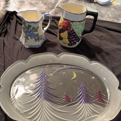 Southern Pottery Hand Painted Pitchers /Mikasa Oval Christmas Platter