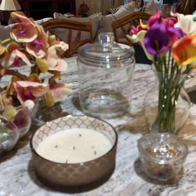 Flowers, Glassware, And Candle Home Decor Pieces