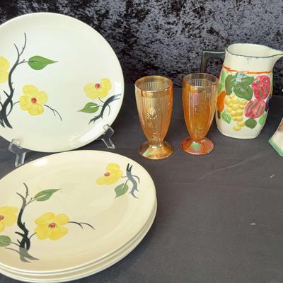 Blue Ridge Hand Painted Underglaze Set Of 5 10” Plates, Depression Glass And Ceramic Pitchers