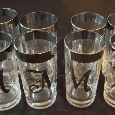 Set Of 8 Vintage Silver-Rimmed Monogrammed  "M" Highball Glasses