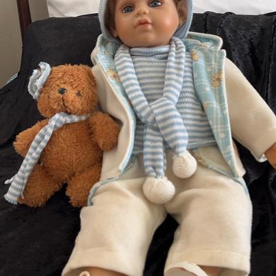 German Artistic Boy Doll With Teddy Bear.  Molded Plastic Head. Real Eyelashes