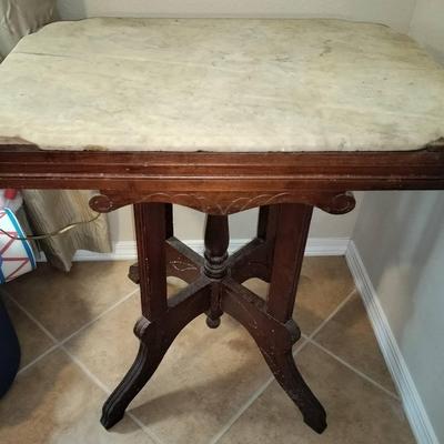 Antique Hand Carved Wooden Stone Top Side Table
