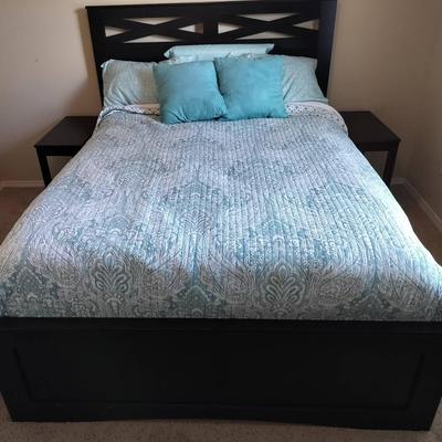 Wooden Queen Sized Bedframe With Matress, Boxpring, Pillows, & More + 2 Wooden Nightstands