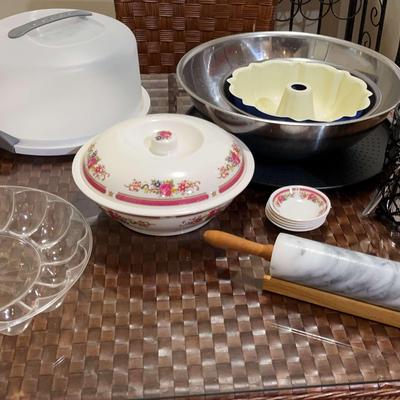 Variety Of Baking, Serving Dishes - Cake Plate With Cover, Rolling Pin, And Utensils