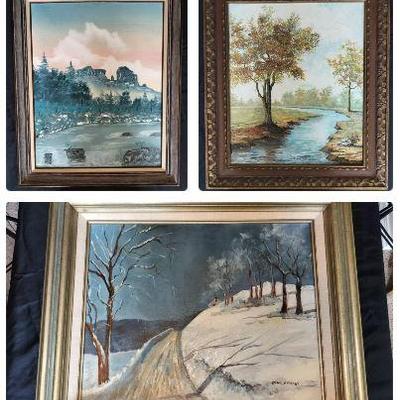 3 Vintage Wooden Framed Paintings Signed By Eunice Marshall, Donald Welker, & Josh Halloway