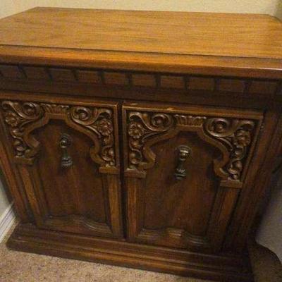 Carved Wooden Nightstand Cabinet W/ Brass Handles 28"×17"×24" 