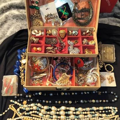 Costume Jewelry VTG Collection Of Necklaces, Earrings, Pins, & More + Jewelry Box