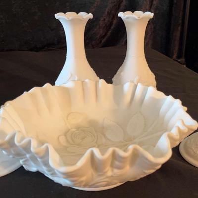 Imperial Glass Doeskin Satin Vases, Candleholders, And Candy Dish