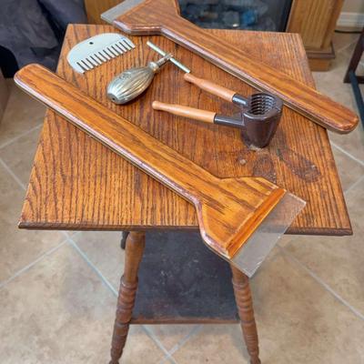 Antique Hand Carved Oak Side Table, Manual Shellfish Nutcracker, & Metal Comb Made In Hong Kong