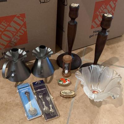 Array Of Collectors Items - Wooden Candlesticks, Tin Candleholders, Antique Trinket Boxes, And More