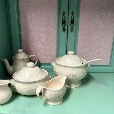 Sale Photo Thumbnail #26: Pfaltzgraff Covered Soup Terrine w Ladle, Lidded Casserole, Gravy Boat Tea Pot, Creamer $50