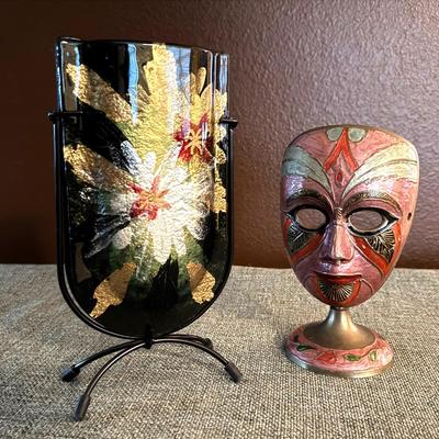 Art Glass Pocket Vase And Brass Enamel Face Mask