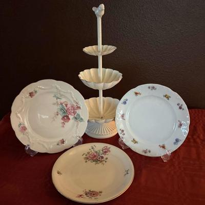 Marked Vintage Floral Porcelain Plates With Metal Serving Stand 