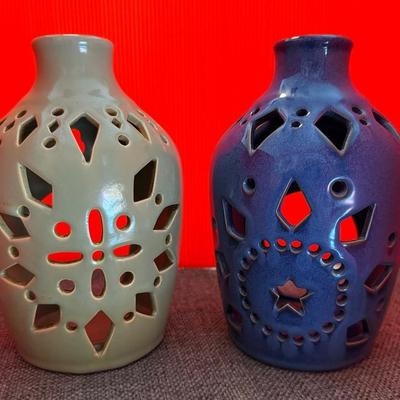 Ceramic Tea Light Holders In Green And Blue 