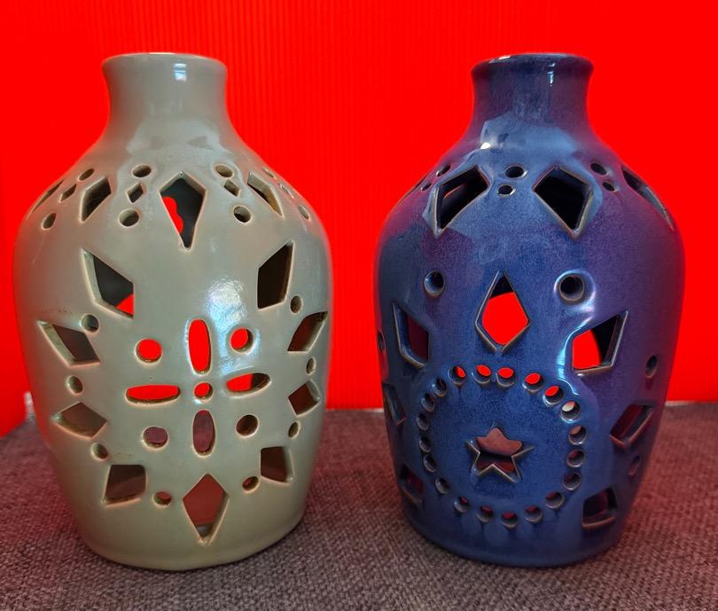Ceramic Tea Light Holders In Green And Blue 