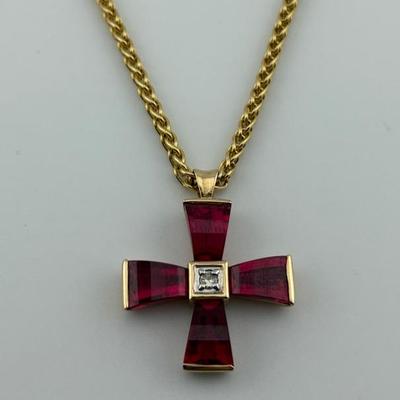 10k Yellow Gold Ruby & Diamond Maltese Cross Necklace