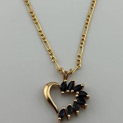 14k Yellow Gold Blue Sapphire Heart Figaro Chain Necklace