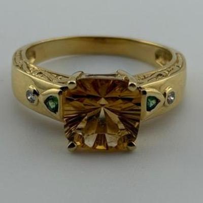 18k Yellow Gold Fancy Square Citrine Etched Ring