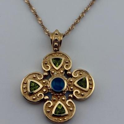14k Yellow Gold Blue Topaz & Peridot Maltese Cross Necklace