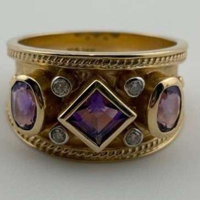 14k Yellow Gold Tri Amethyst & Diamond Ring