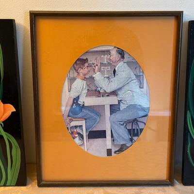 Vintage Framed Norman Rockwell “The Optometrist” w/ (2) Matching Tulip Acrylic Paintings 