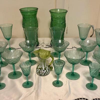 Vintage Green Assorted Depression Glassware & Vases
