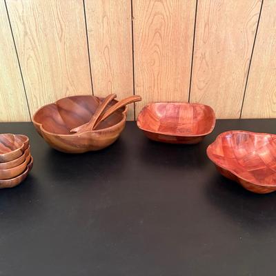 Vintage Wooden Salad Bowl Set & Woven Wood Bowls