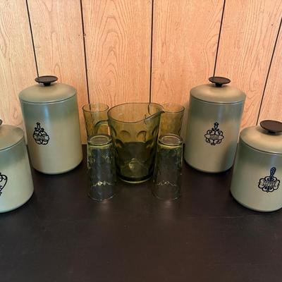 All Vintage West Bend Aluminum Canisters, Rainflower Jar & Hazel Atlas Bubble Dot Pitcher Glass Set