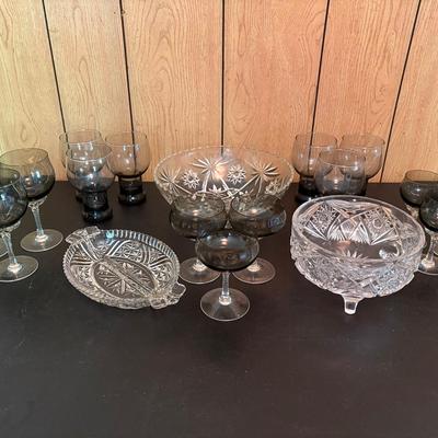 15pc Vintage Smoke Grey Glassware, Crystal Cut Glass Footed Bowl, & (2) Crystal Cut Serving Dishes